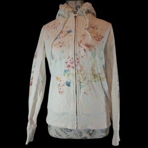 Vtg Y2K Lucky Brand Hoodie Women's S Asian Peacock Floral Faux Fur Zip Up Jacket